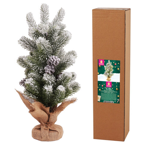 Ель новогодняя искусственная настольная 50 см, заснеженная, с шишками, литой ПЭТ, ЗОЛОТАЯ СКАЗКА, 592011