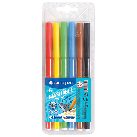 Фломастеры 6 ЦВЕТОВ CENTROPEN "Washable", смываемые, вентилируемый колпачок, 7790/6TP, 777900685