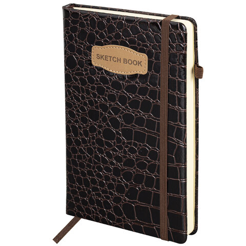 Скетчбук, слоновая кость 140 г/м2, 130х210 мм, 80 л., КОЖЗАМ, резинка, BRAUBERG ART CLASSIC, CROCO, коричневый, 116471