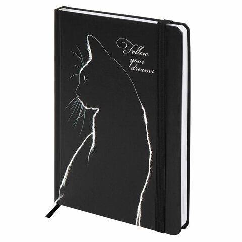 Ежедневник недатированный с резинкой А5 145х203 мм, BRAUBERG, твердый, 160 л., "Black cat", 116305