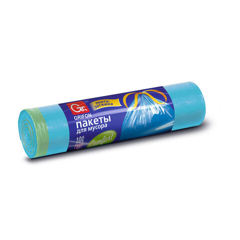 Мешки для мусора 30 л, синие, с завязками, в рулоне 10 шт., ПНД, 50х60 см, 10 мкм, GRIFON, 101-060