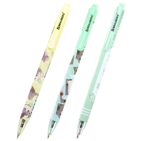 Ручка шариковая автоматическая с принтом, кросс-серия "МИЛЫЕ КОТЫ", BRAUBERG, корпус soft-touch, СИНЯЯ, узел 0,7 мм, линия 0,35 мм, 144479