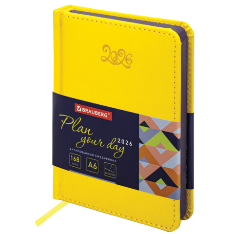 Ежедневник датированный 2026, МАЛЫЙ ФОРМАТ 100х150 мм, А6, BRAUBERG "Rainbow", под кожу, желтый, 117258