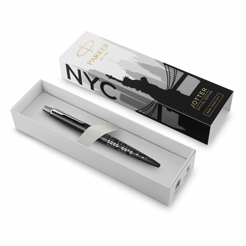 Ручка шариковая PARKER "Jotter New York Black CT", корпус черный лак, детали из нержавеющей стали, синяя, 2187554