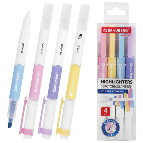 Набор текстовыделителей СТИРАЕМЫХ 4 ЦВЕТА, BRAUBERG "REWIND", двусторонние со стирателем, линия письма 1-4 мм, 152510