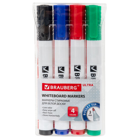 Маркеры стираемые для белой доски, НАБОР 4 ЦВЕТА, BRAUBERG "ULTRA WHITEBOARD MARKER", 3 мм, 152635