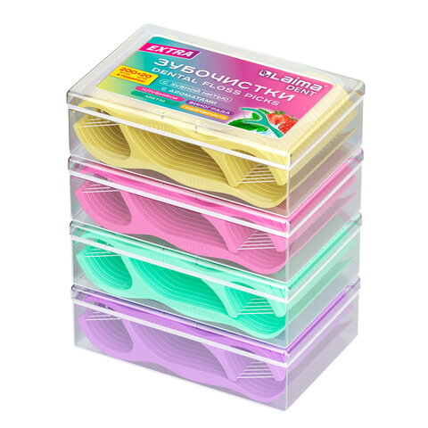 Зубочистки-флоссеры с зубной нитью "200 шт. (4х50 шт.) + 20 в подарок!", ВКУС МЯТЫ И ФРУКТОВ, LAIMA DENT, 609408