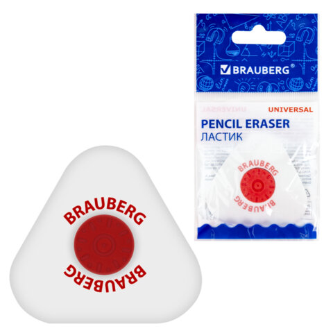 Ластик BRAUBERG "Universal", 45х45х10 мм, белый, треугольный, красный пластиковый держатель, 222473
