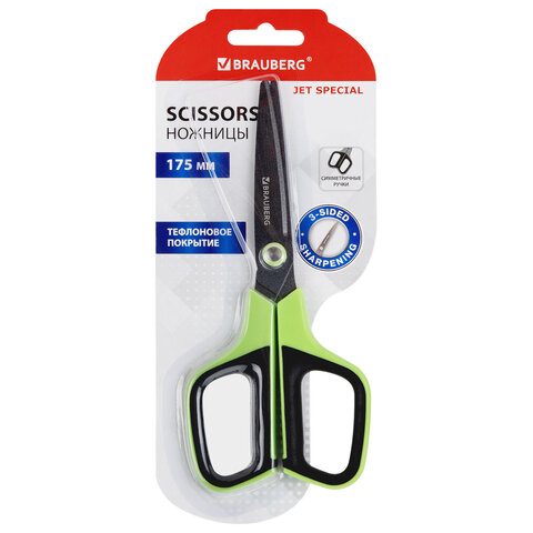 Ножницы BRAUBERG "JET Special", салатовые, 175 мм, 3-сторонняя заточка, тефлоновое покрытие, 238851