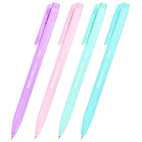 Ручка шариковая автоматическая BRAUBERG "TRIOS PASTEL COLOR", СИНЯЯ, корпус ассорти, пишущий узел 0,5 мм, линия письма 0,3 мм, 144496