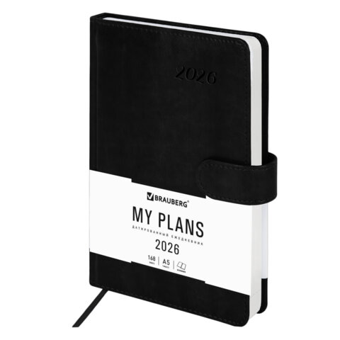 Ежедневник датированный 2026 А5 138x213 мм, BRAUBERG "Legend", под кожу, застежка, черный, 117070