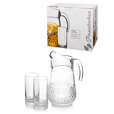 Набор столовый 7 предметов, кувшин 1250 мл + 6 стаканов 275 мл, стекло, PASABAHCE "ВАЛЬС", фирменная подарочная упаковка, 97675
