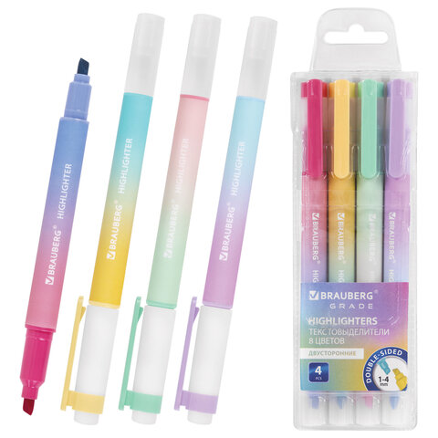 Набор текстовыделителей двусторонних 4 ШТУКИ / 8 ЦВЕТОВ, BRAUBERG "GRADE", линия письма 1-4 мм, 152509