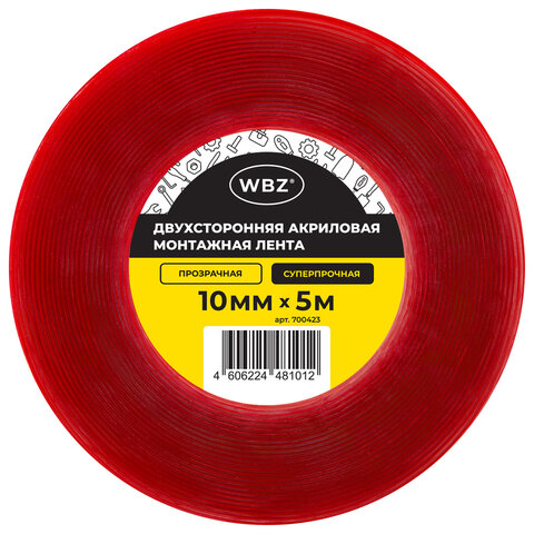 Монтажная прозрачная суперпрочная двухсторонняя лента 10 мм х 5 м, акриловая, толщина 1 мм, WBZ (ВБЗ), 700423