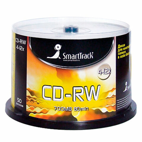 Диск CD-RW SMARTTRACK, 700 Мб, 4-12x, Cake Box (упаковка на шпиле), КОМПЛЕКТ 50 шт., ST000200