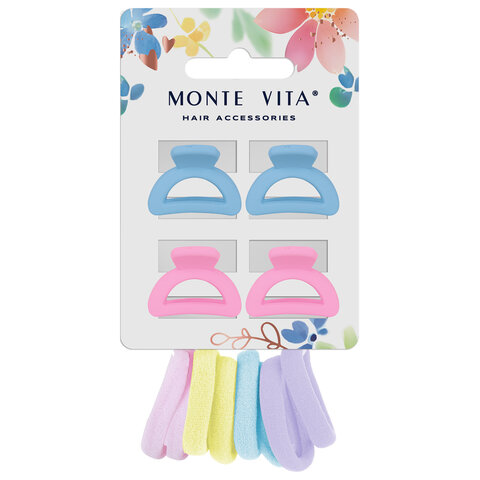 Набор для волос 12 шт: 8 резинок + 4 краба, пастельные цвета, MONTE VITA (МОНТЕ ВИТА), 457034