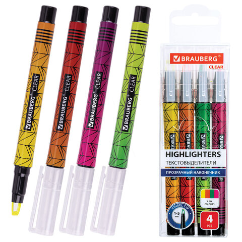 Набор текстовыделителей с прозрачным наконечником 4 ЦВЕТА, BRAUBERG "Clear", линия 1-5 мм, 152426