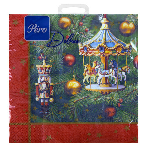 Салфетки бумажные 20 шт., 33х33 см, "Новогодняя карусель", 3 слоя, европодвес, GrandPero Deluxe, 2869