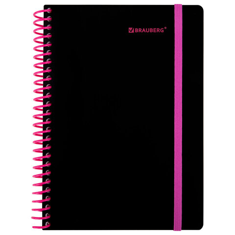 Тетрадь обложка пластик, А5 80 л., спираль пластик, резинка, клетка, BRAUBERG, черный/розовый, 405384