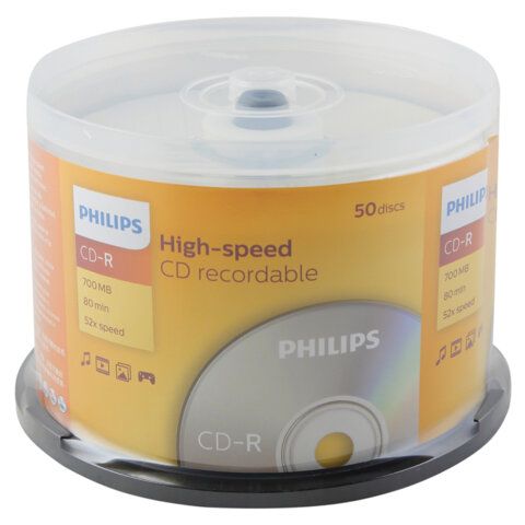 Диск CD-R PHILIPS, 700 Мб, 52x, Cake Box (упаковка на шпиле), КОМПЛЕКТ 50 шт., CR7D5SB50/97