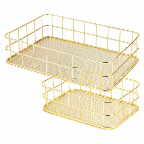 Органайзер для косметики корзинка 2 штуки из металла MONTE VITA (МОНТЕ ВИТА), 24х16х6,3 см + 17х12х6 см, золото, 272483