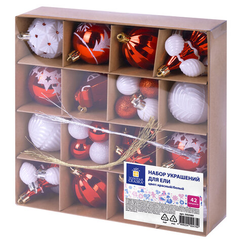 Шары елочные НАБОР 42 предмета "Red and White Shine", пластик, красный/белый, ЗОЛОТАЯ СКАЗКА, 592589