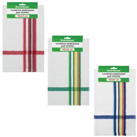 Салфетка вафельная универсальная, ХЛОПОК, 40х64 см, цветная полоска, ассорти, BOOMHOUSE (БУМХАУС), 700884