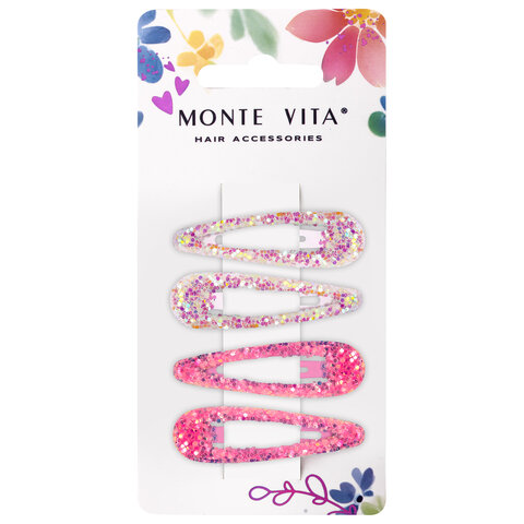 Заколки для волос НАБОР 4 шт, 5 см, клик-клак, с блестками, разные цвета MONTE VITA (МОНТЕ ВИТА) 457091