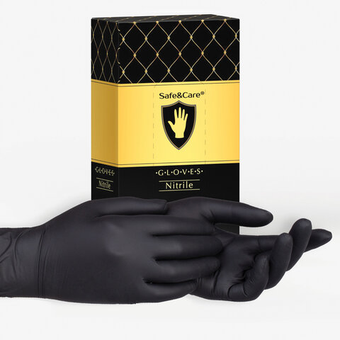 Перчатки нитриловые одноразовые 50 пар (100 штук), черные, размер L (большой), SAFE&CARE, ZN318