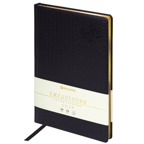 Ежедневник датированный 2026 БОЛЬШОЙ ФОРМАТ 210х297мм А4, BRAUBERG Comodo, под кожу, черный, 117242