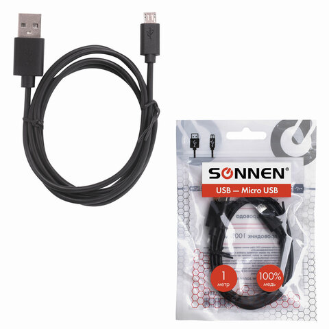 Кабель USB 2.0 – micro USB, 1 м, SONNEN, медь, для передачи данных и зарядки, черный, 513115