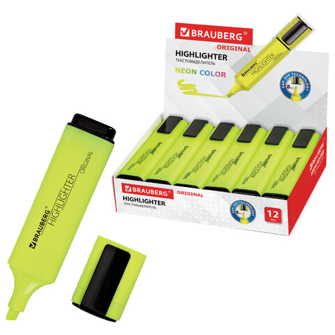 Текстовыделитель BRAUBERG "ORIGINAL NEON", ЖЕЛТЫЙ, линия письма 1-5 мм, 152211