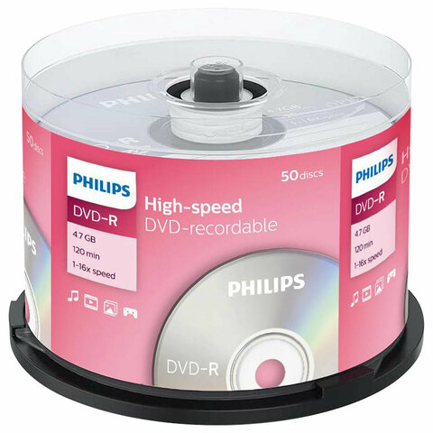 Диск DVD-R PHILIPS, 4,7 Гб, 16x, Cake Box (упаковка на шпиле), КОМПЛЕКТ 50 шт., DM4S6B50F/97