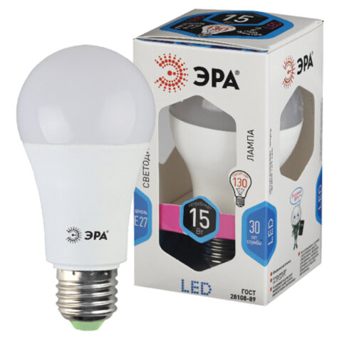 Лампа светодиодная ЭРА STD, 15 (130) Вт, цоколь E27, груша, нейтральный белый свет, 25000 ч., LED A60-15W-840-E27, Б0033183