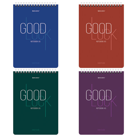 Блокнот А5 (146х206 мм), 80 л., гребень, картон, жесткая подложка, клетка, BRAUBERG, "Good Luck", 114384