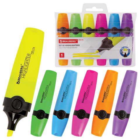 Набор текстовыделителей BRAUBERG 6 шт., АССОРТИ, "DELTA", линия 1-5 мм, 151728