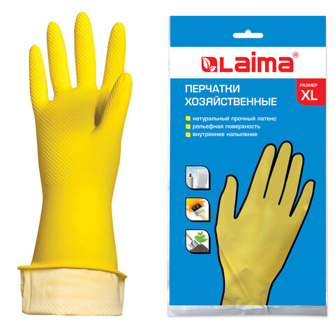 Перчатки МНОГОРАЗОВЫЕ латексные LAIMA "СТАНДАРТ", х/б напыление, ПЛОТНЫЕ, размер 9-10, XL (очень большой), желтые, вес 48 г, 600782