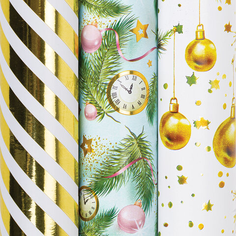 Бумага упаковочная новогодняя НАБОР 3 шт. "Golden XMAS", С ЭФФЕКТАМИ, 70х100 см, ЗОЛОТАЯ СКАЗКА, 592188