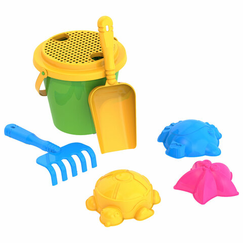 Набор для игр в песке: ведерко с ситом, совочек, грабельки, 3 формочки "Морские", НОРДПЛАСТ, 95