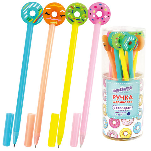 Ручка с топпером шариковая ЮНЛАНДИЯ "Пончик", корпус ассорти, СИНЯЯ, пишущий узел 0,7 мм, 143799