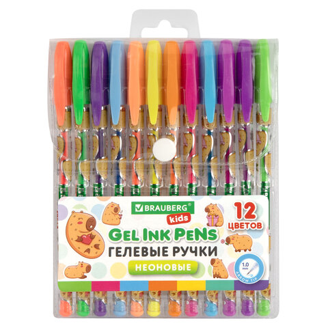 Ручки гелевые НЕОНОВЫЕ BRAUBERG KIDS "CUTE ANIMALS", НАБОР 12 ЦВЕТОВ, корпус с печатью, узел 1 мм, линия письма 0,7 мм, 144444