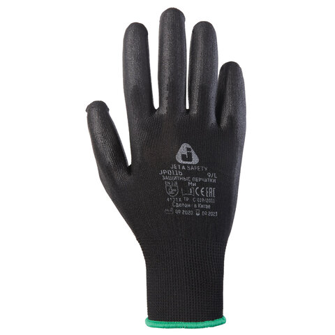Перчатки нейлоновые JETA SAFETY, полиуретановое покрытие, КОМПЛЕКТ 12 пар, размер 9, L (большой), черные, JP011b, JP011b-L