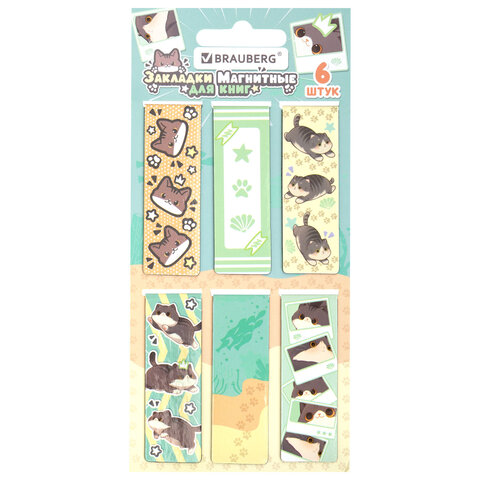 Закладки для книг МАГНИТНЫЕ, "МИЛЫЕ КОТЫ", набор 6 штук, 60x20 мм, BRAUBERG, 116985