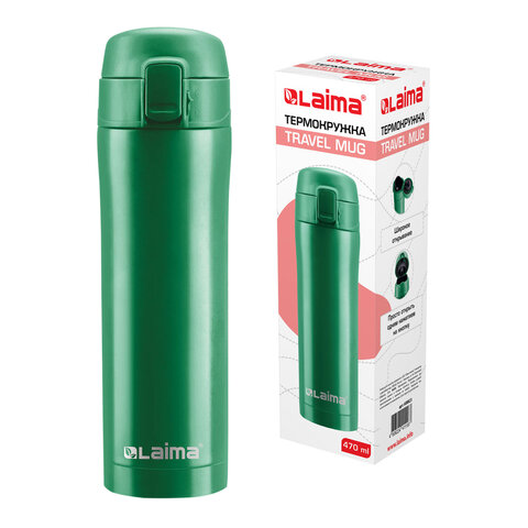 Термокружка 470 мл из нержавеющей стали SUS304, изумрудно-зеленый бархат матовый, LAIMA, 608823