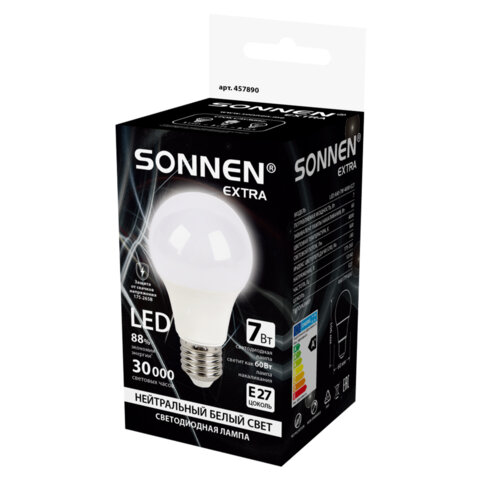 Лампа светодиодная SONNEN EXTRA, 7 (60) Вт, Е27, груша, нейтральный белый, 30000 ч, LED A60-7W-4000-Е27, 457890