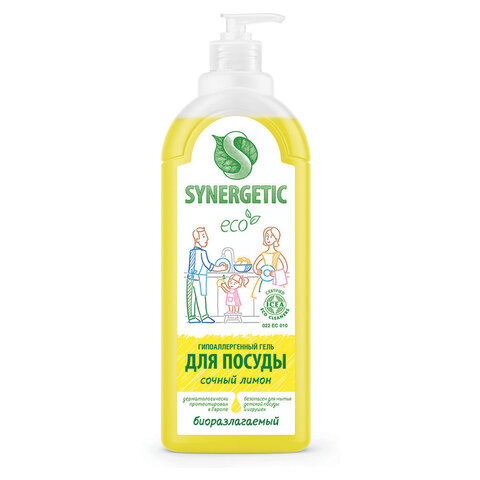 Гель для мытья посуды антибактериальный 1 л, SYNERGETIC "Лимон", дозатор, 103101