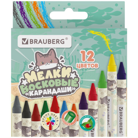 Восковые мелки BRAUBERG "МИЛЫЕ КОТЫ", НАБОР 12 цветов, 273229