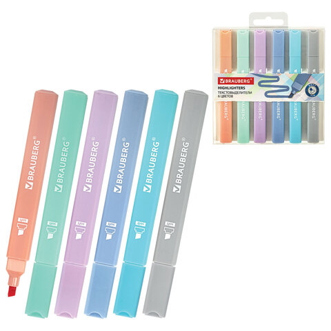 Набор текстовыделителей 6 ПАСТЕЛЬНЫХ ЦВЕТОВ, BRAUBERG "Macaroon", линия 1-5 мм, 152515