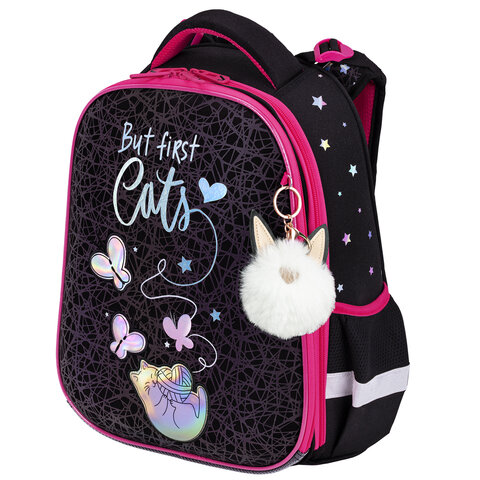 Ранец BRAUBERG LUMINOUS, 2 отделения, с брелоком, "Cats first", СВЕТЯЩИЙСЯ РИСУНОК, 38х29х16 см, 271367