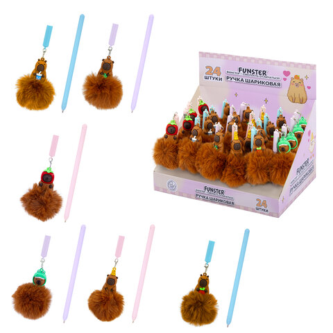 Ручка с пушистой подвеской шариковая FUNSTER (ФАНСТЕР) "FLUFFY CAPY", СИНЯЯ, пишущий узел 0,7 мм, 144521